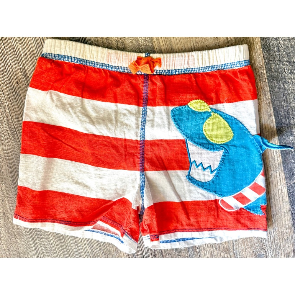 Mud Pie Swim Trunks Boys 5T Red White Stripe Shark Applique Mesh Lined Shorts